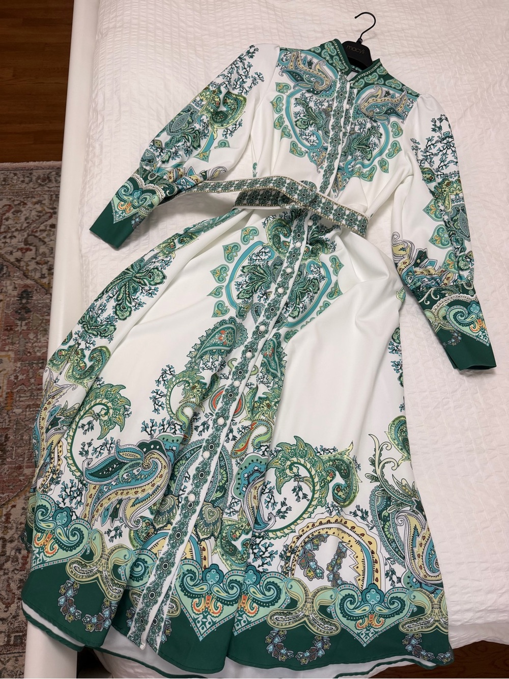 White Maxi Dress with Green Paisley Print and Waist Tie